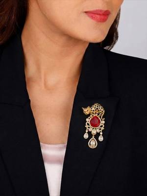 Luxury panther motif gold plated brooch with red stone & kundan drops     designer  pin for women & men 2