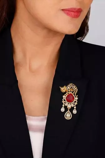 Luxury panther motif gold plated brooch with red stone & kundan drops     designer  pin for women & men