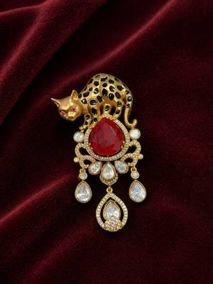 Luxury panther motif gold plated brooch with red stone & kundan drops     designer  pin for women & men 4