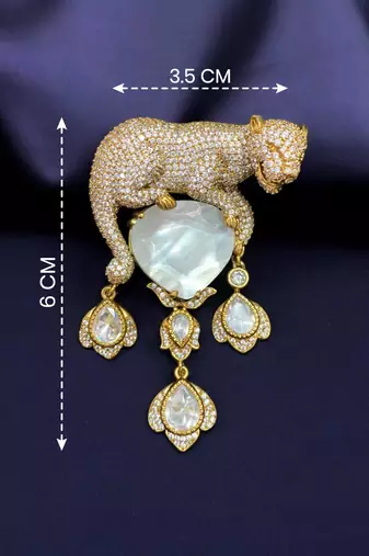 Luxury panther design gold plated brooch with white stone & kundan drops     elegant pin for women & men