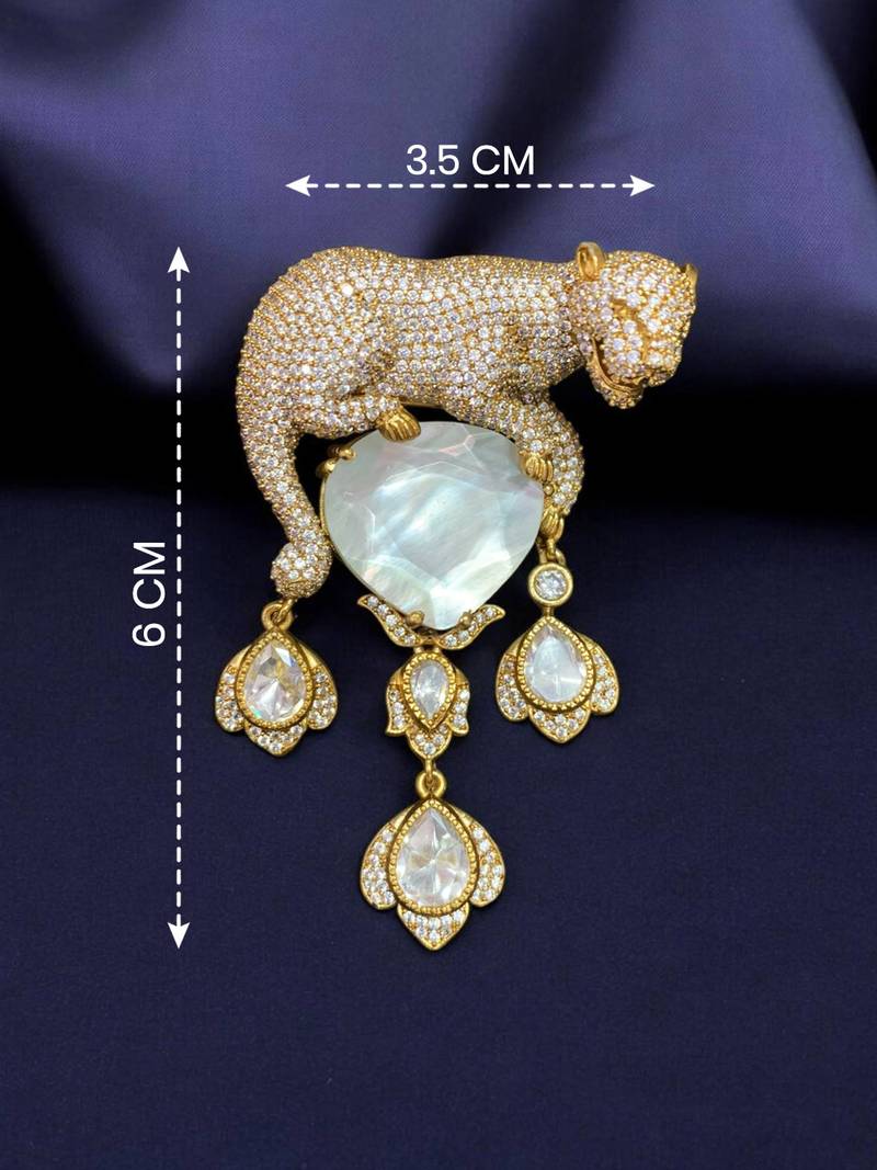 Luxury panther design gold plated brooch with white stone & kundan drops     elegant pin for women & men