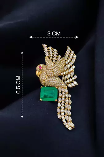 Luxury parrot design gold plated brooch with green stone & crystal detailing     designer pin for women & men