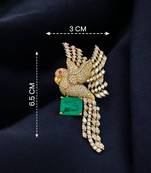Luxury parrot design gold plated brooch with green stone & crystal detailing     designer pin for women & men
