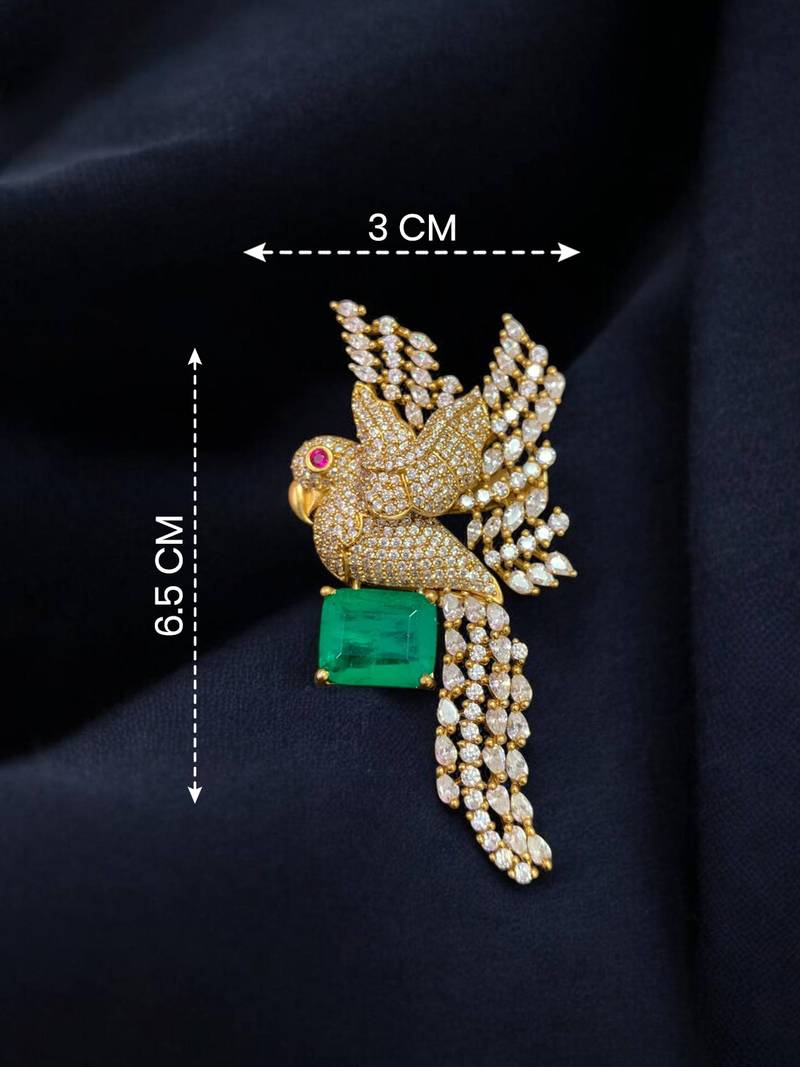 Luxury parrot design gold plated brooch with green stone & crystal detailing     designer pin for women & men