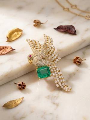Luxury parrot design gold plated brooch with green stone & crystal detailing     designer pin for women & men 3