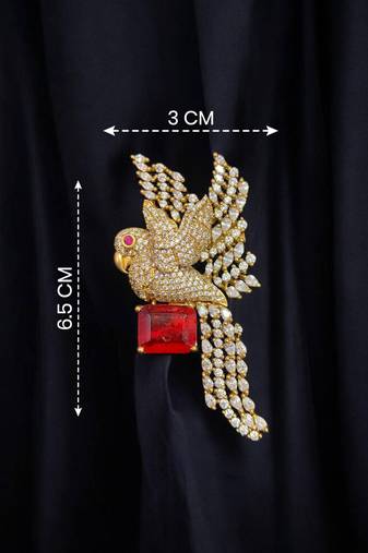 Luxury parrot design gold plated brooch with red and silver  stone & crystal detailing     designer pin for women & men