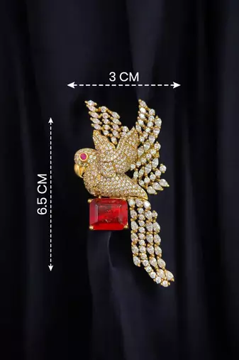 Luxury parrot design gold plated brooch with red and silver  stone & crystal detailing     designer pin for women & men
