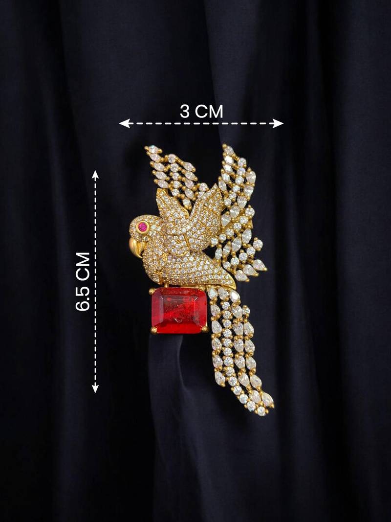 Luxury parrot design gold plated brooch with red and silver  stone & crystal detailing     designer pin for women & men