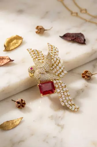 Luxury parrot design gold plated brooch with red and silver  stone & crystal detailing     designer pin for women & men