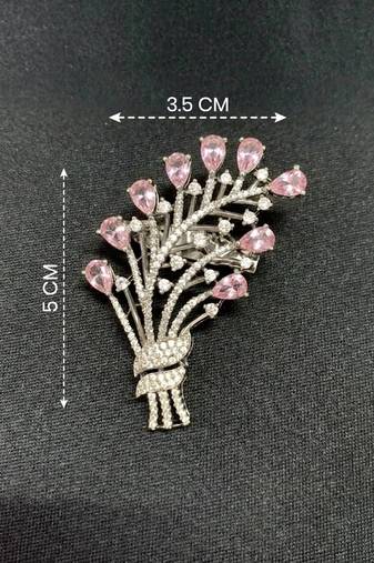 Elegant floral bouquet silver tone brooch with pink stones     designer crystal pin for women & men