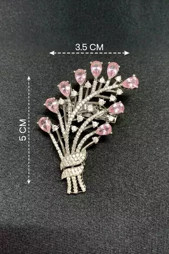 Elegant floral bouquet silver tone brooch with pink stones     designer crystal pin for women & men