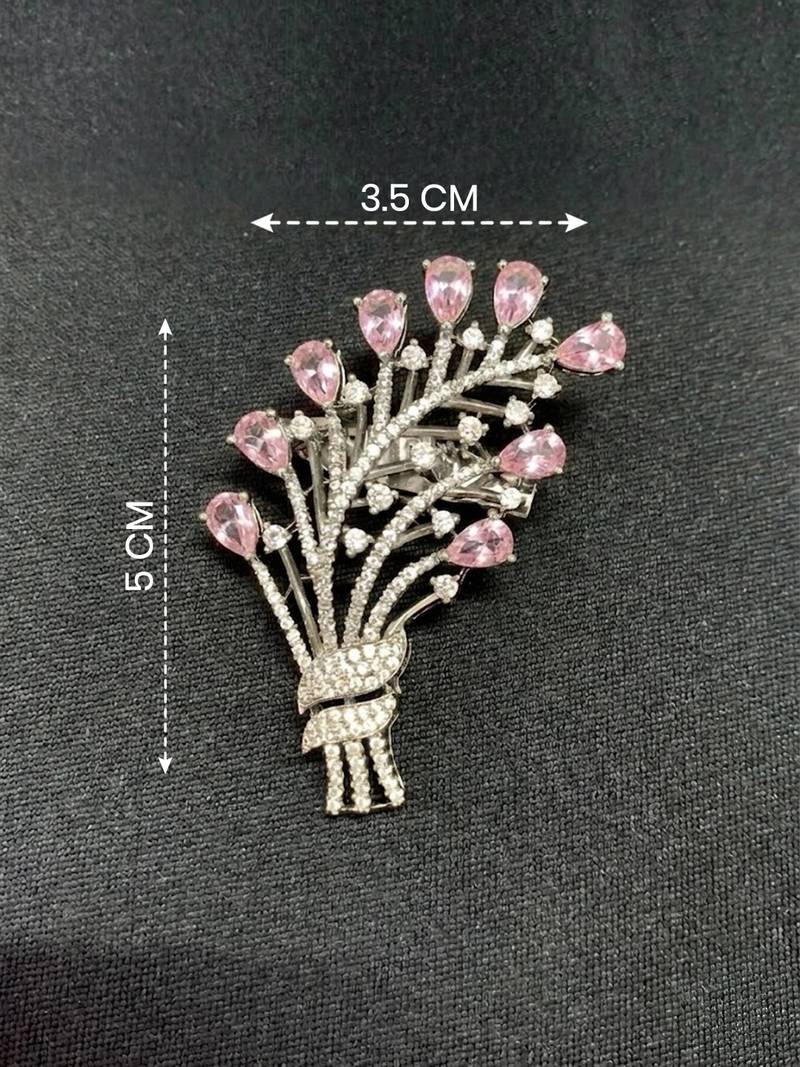 Elegant floral bouquet silver tone brooch with pink stones     designer crystal pin for women & men