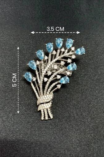 Elegant floral bouquet silver tone brooch with blue stones     designer crystal pin for women & men