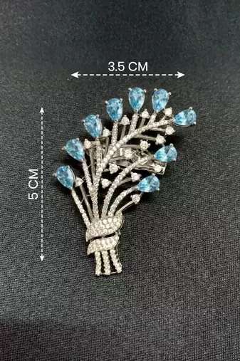 Elegant floral bouquet silver tone brooch with blue stones     designer crystal pin for women & men