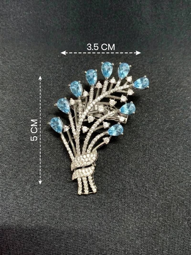 Elegant floral bouquet silver tone brooch with blue stones     designer crystal pin for women & men