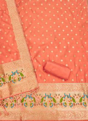 Peach Soft Banarasi silk zari woven design dress material 4