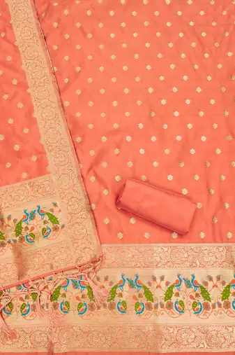 Peach Soft Banarasi silk zari woven design dress material