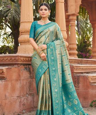 Teal soft banarasi silk zari woven saree with blouse 1
