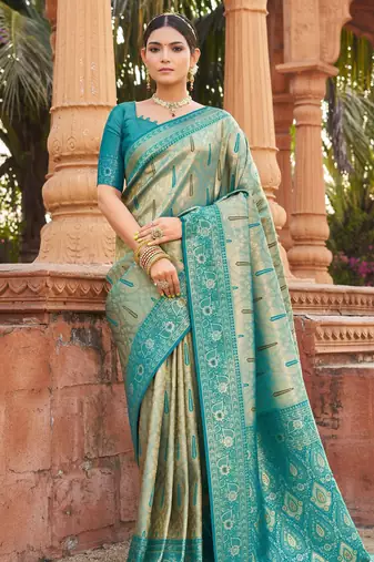 Teal soft banarasi silk zari woven saree with blouse