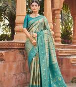 Teal soft banarasi silk zari woven saree with blouse