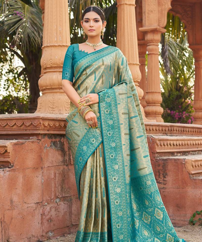 Teal soft banarasi silk zari woven saree with blouse