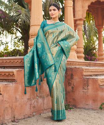 Teal soft banarasi silk zari woven saree with blouse 2