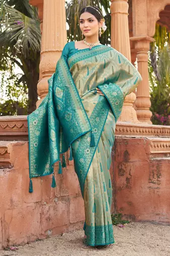 Teal soft banarasi silk zari woven saree with blouse