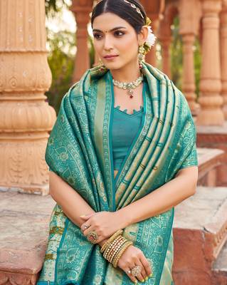 Teal soft banarasi silk zari woven saree with blouse 3