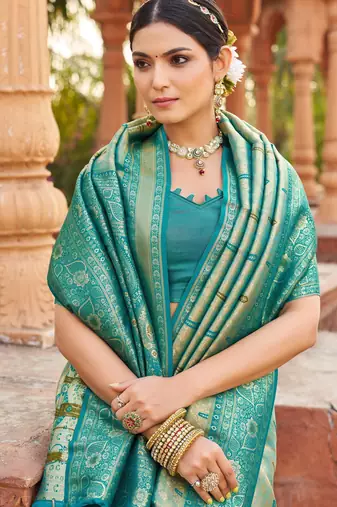 Teal soft banarasi silk zari woven saree with blouse