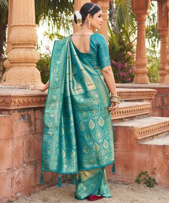 Teal soft banarasi silk zari woven saree with blouse 4