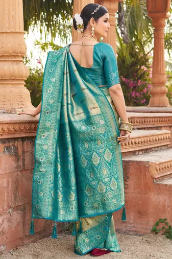 Teal soft banarasi silk zari woven saree with blouse
