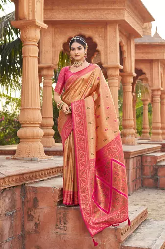 Mustard soft banarasi silk zari woven saree with blouse