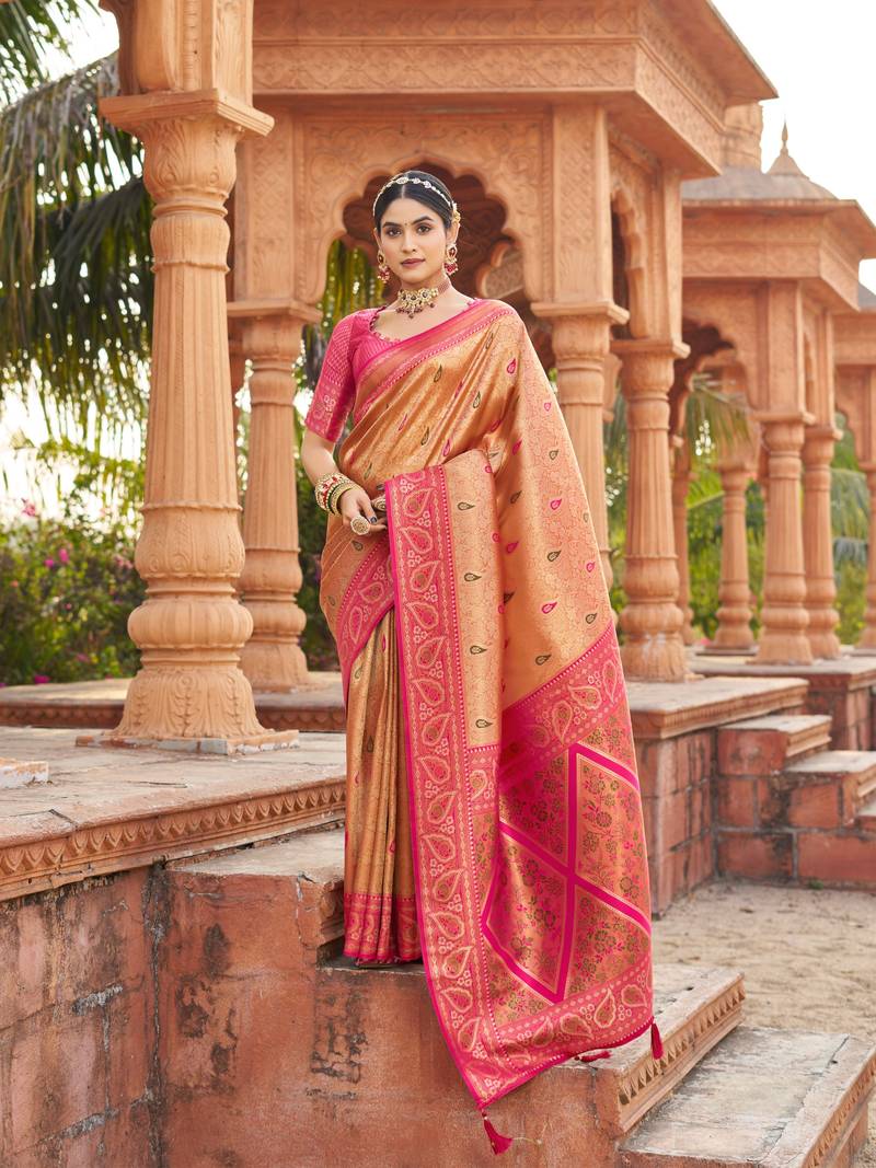 Mustard soft banarasi silk zari woven saree with blouse