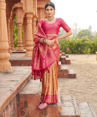 Mustard soft banarasi silk zari woven saree with blouse 2