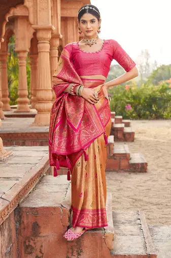 Mustard soft banarasi silk zari woven saree with blouse