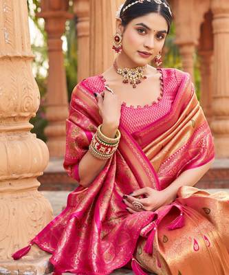 Mustard soft banarasi silk zari woven saree with blouse 4