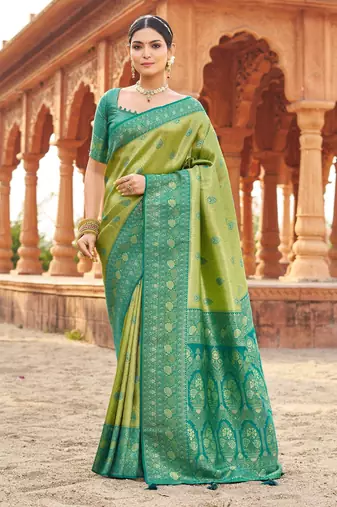 Green soft banarasi silk zari woven saree with blouse