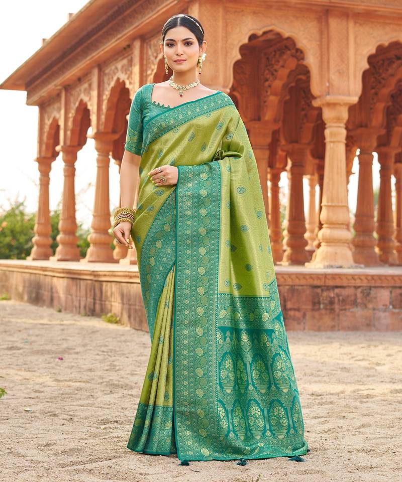 Green soft banarasi silk zari woven saree with blouse