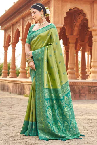 Green soft banarasi silk zari woven saree with blouse
