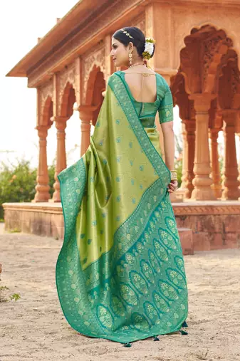 Green soft banarasi silk zari woven saree with blouse