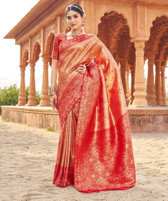 Peach soft banarasi silk zari woven saree with blouse 1