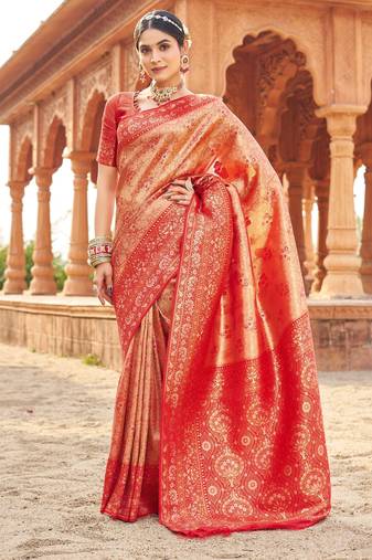 Peach soft banarasi silk zari woven saree with blouse