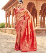 Peach soft banarasi silk zari woven saree with blouse