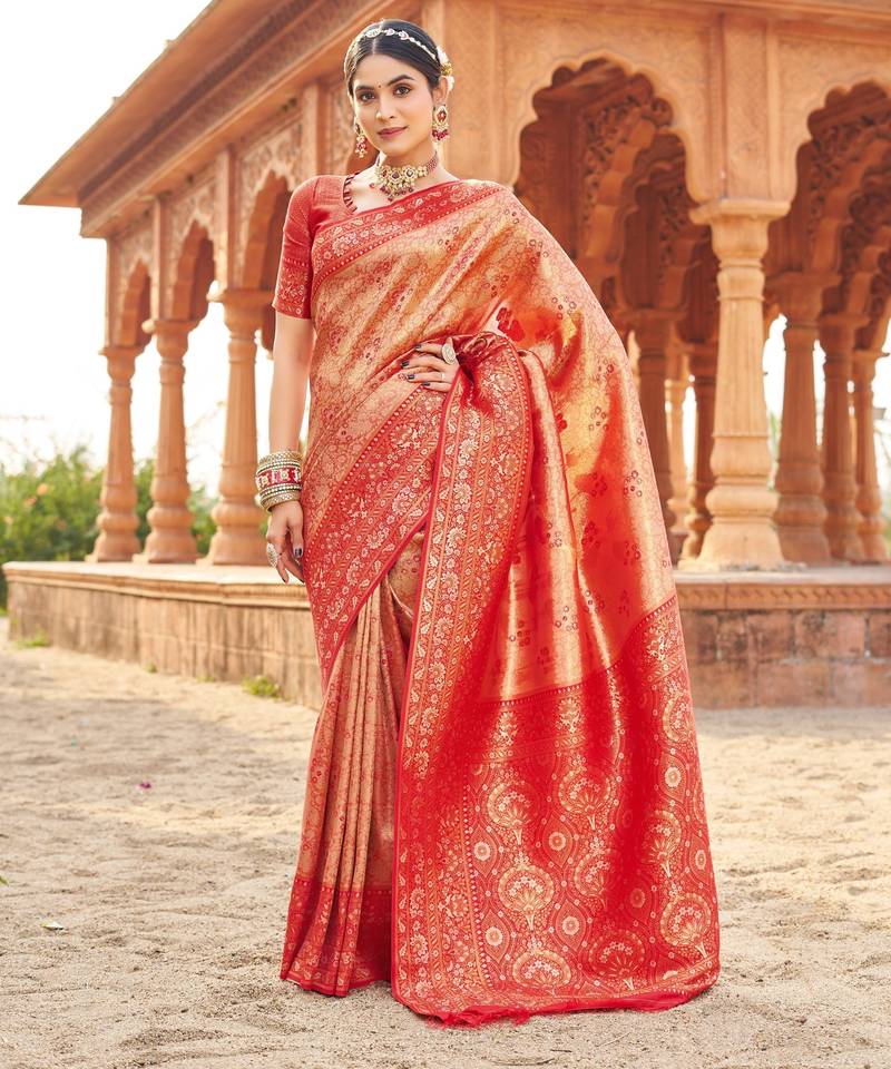 Peach soft banarasi silk zari woven saree with blouse