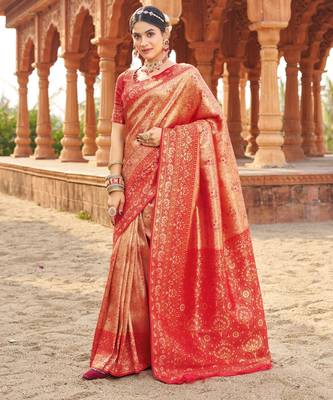 Peach soft banarasi silk zari woven saree with blouse 2