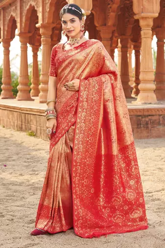 Peach soft banarasi silk zari woven saree with blouse