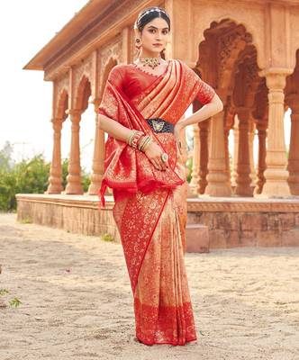 Peach soft banarasi silk zari woven saree with blouse 3