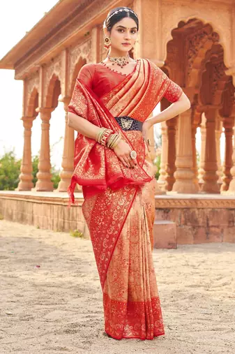 Peach soft banarasi silk zari woven saree with blouse