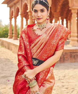 Peach soft banarasi silk zari woven saree with blouse 4