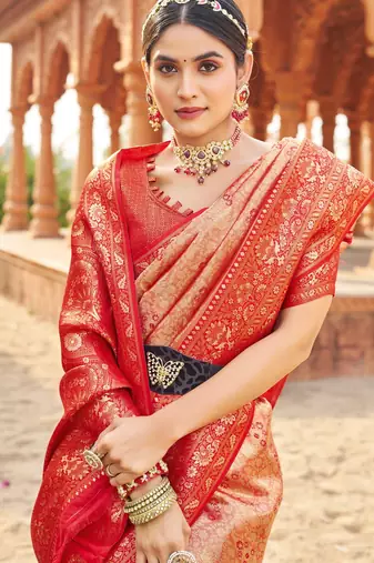 Peach soft banarasi silk zari woven saree with blouse
